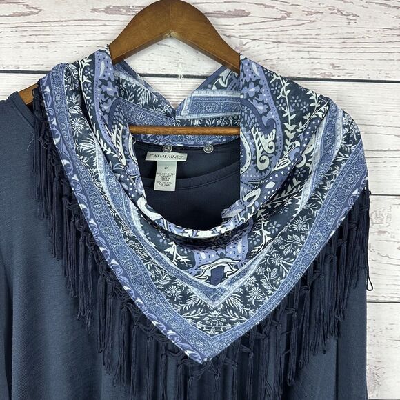 Catherines Shirt Womens 2X Blue Handkerchief Western Knit Flowy Tassel Rodeo - Picture 2 of 12